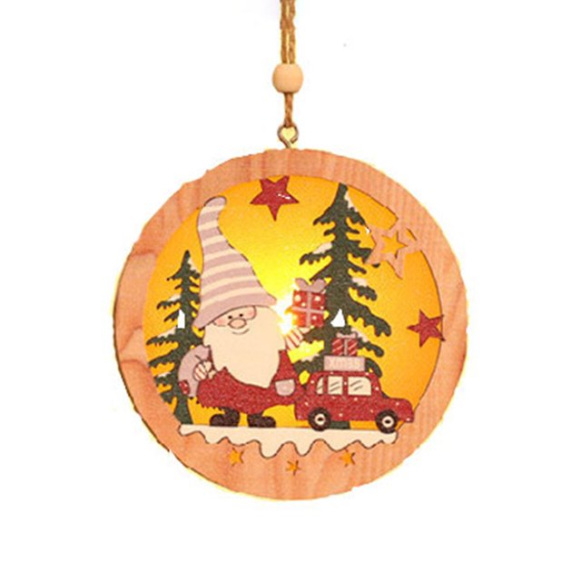 Árbol de Navidad adorno lámpara LED luz de madera Santa Claus Navidad colgante, sombrero blanco redondo anciano Feliz Sencillez