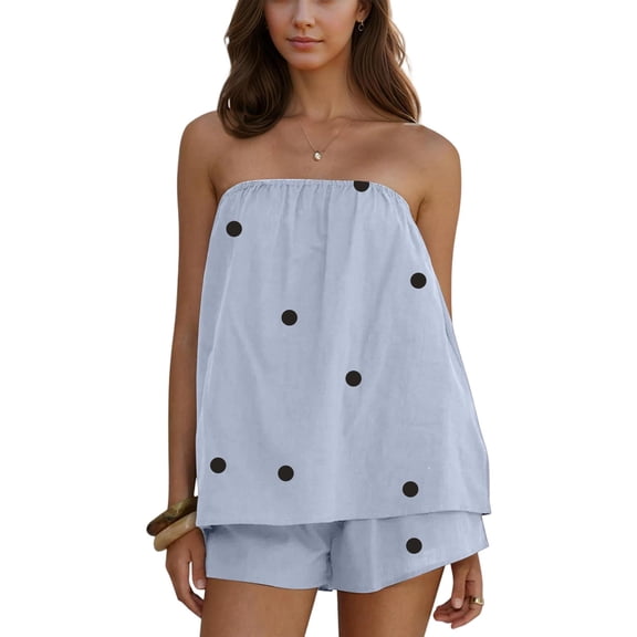 Lumtrix Polka Dot 2 Piece Shorts Set Women Summer Lounge Sets Strapless Top and Shorts Matching Airport Travel Vacation Outfits Light Blue M