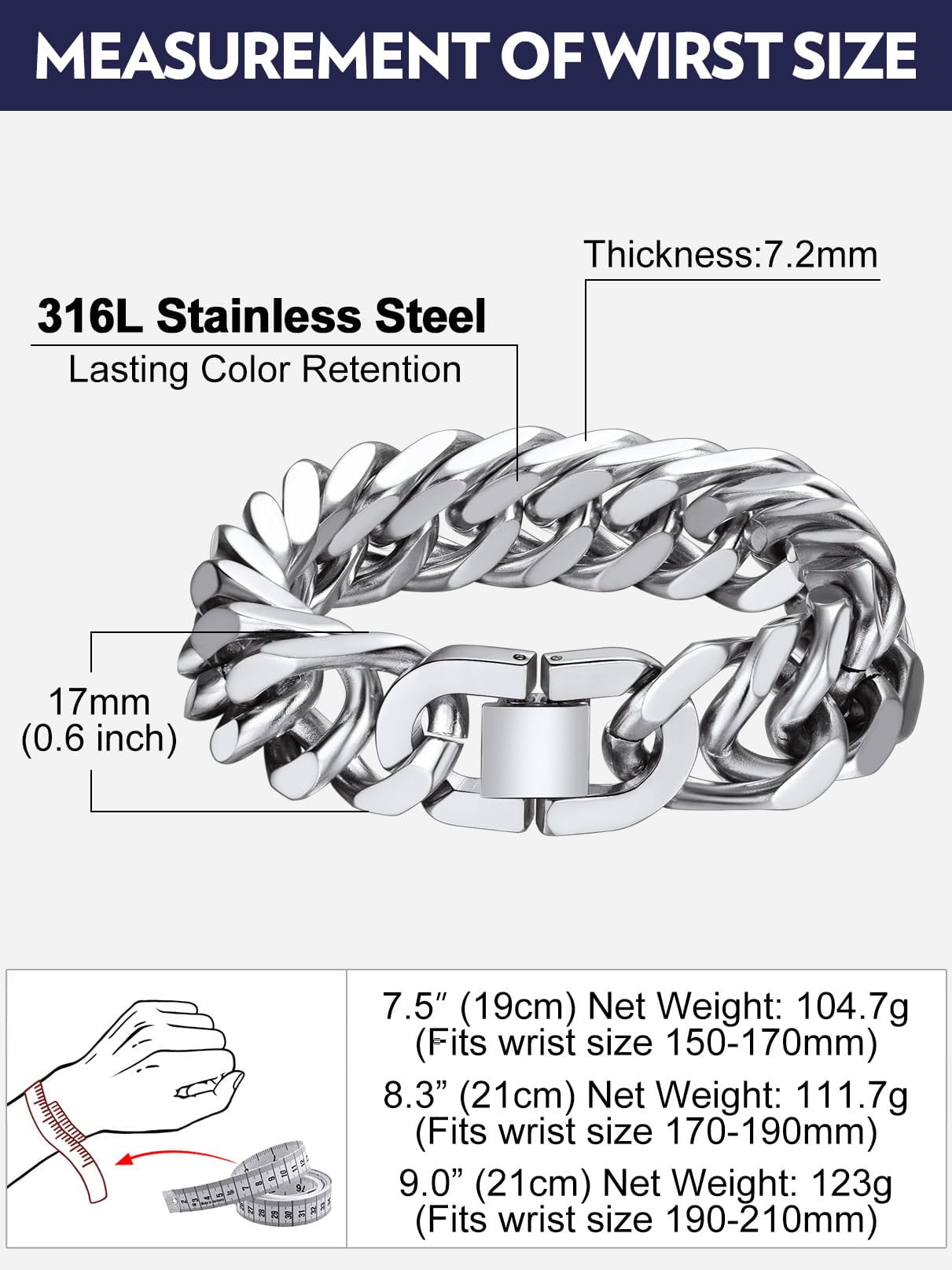 Bandmax 17MM Stainless Steel Cuban Chain Bracelets for Men Miami Curb Link Hand Chain Wristlet Birthday Valentines Father Day Gift for Dad Son Husband Grandpa