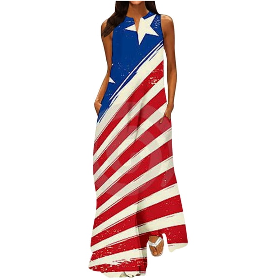 Wycnly Formal Dresses for Women Fashion Loose Pocket Swing 4th of July Independence Day Tank Long Dresses V-Neck Sleeveless Star Striped Print 2024 Summer Maxi Dress Red XL