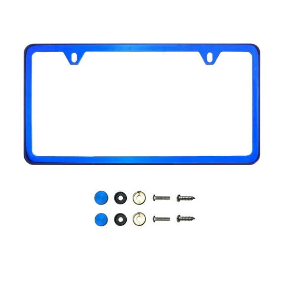KA Depot Two Hole Slim Version Blue Chrome Mirror License Plate Frame T304 Stainless Steel   Metal Screw Caps