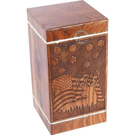 Handcrafted American Flag Engraved Wooden Urns for Human Ashes Adult Large - Floral Cremation Urn for Ashes - Burial Urn for Columbarium - Funeral Box (250 LB - Rosewood, Design-1)
