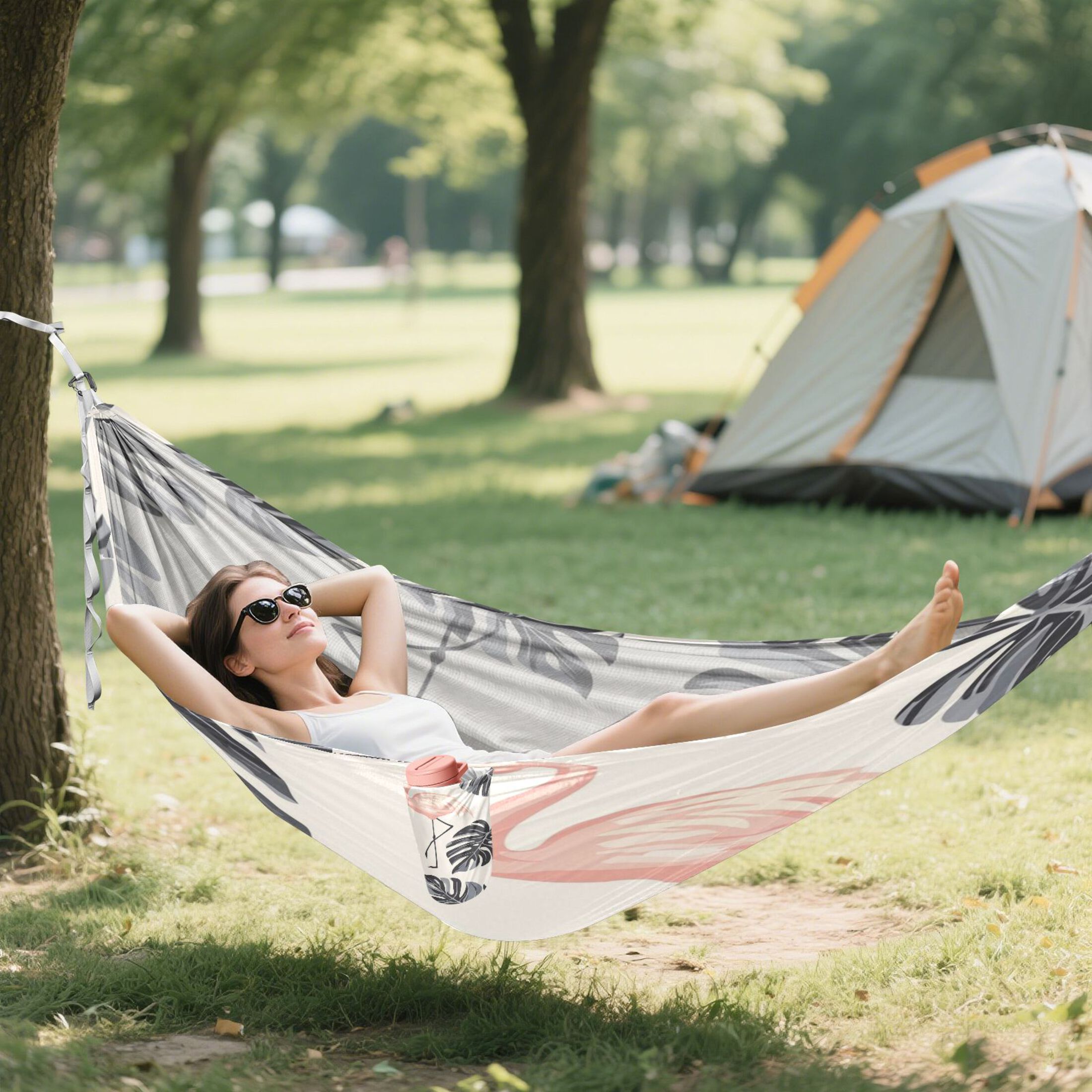Wobogo Flamingo Monstera Leaves Pattern Camping Hammocks 330 lb Capacity with Tree Straps and Hanging Pockets for Outside Hiking Beach Backpack Travel