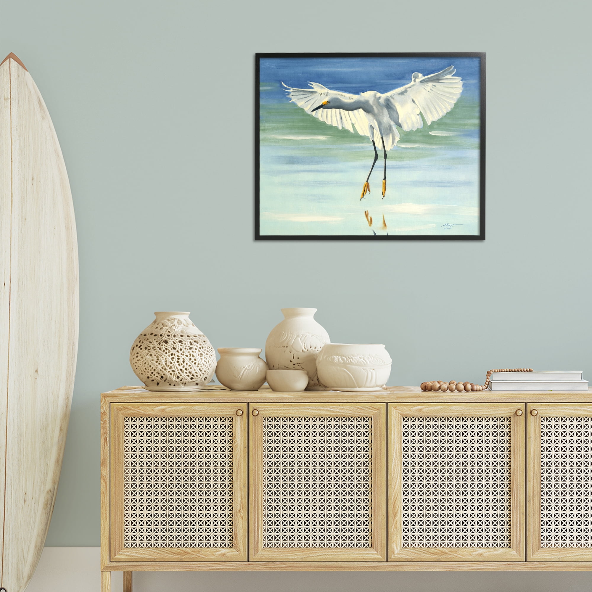Stupell Industries Snowy Egret on Beach Animals & Insects Painting Black Framed Art Print Wall Art, 30 x 24