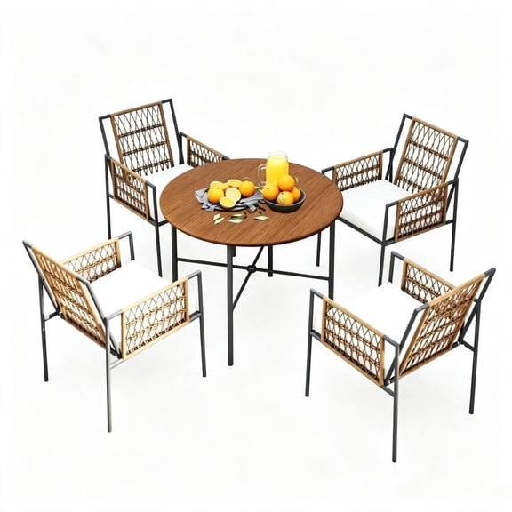LAUSAINT HOME 5‑Piece Patio Dining Set, 4‑Person Wicker Outdoor Furniture, Round Table with Umbrella Hole, Beige Cushions for Backyard Poolside