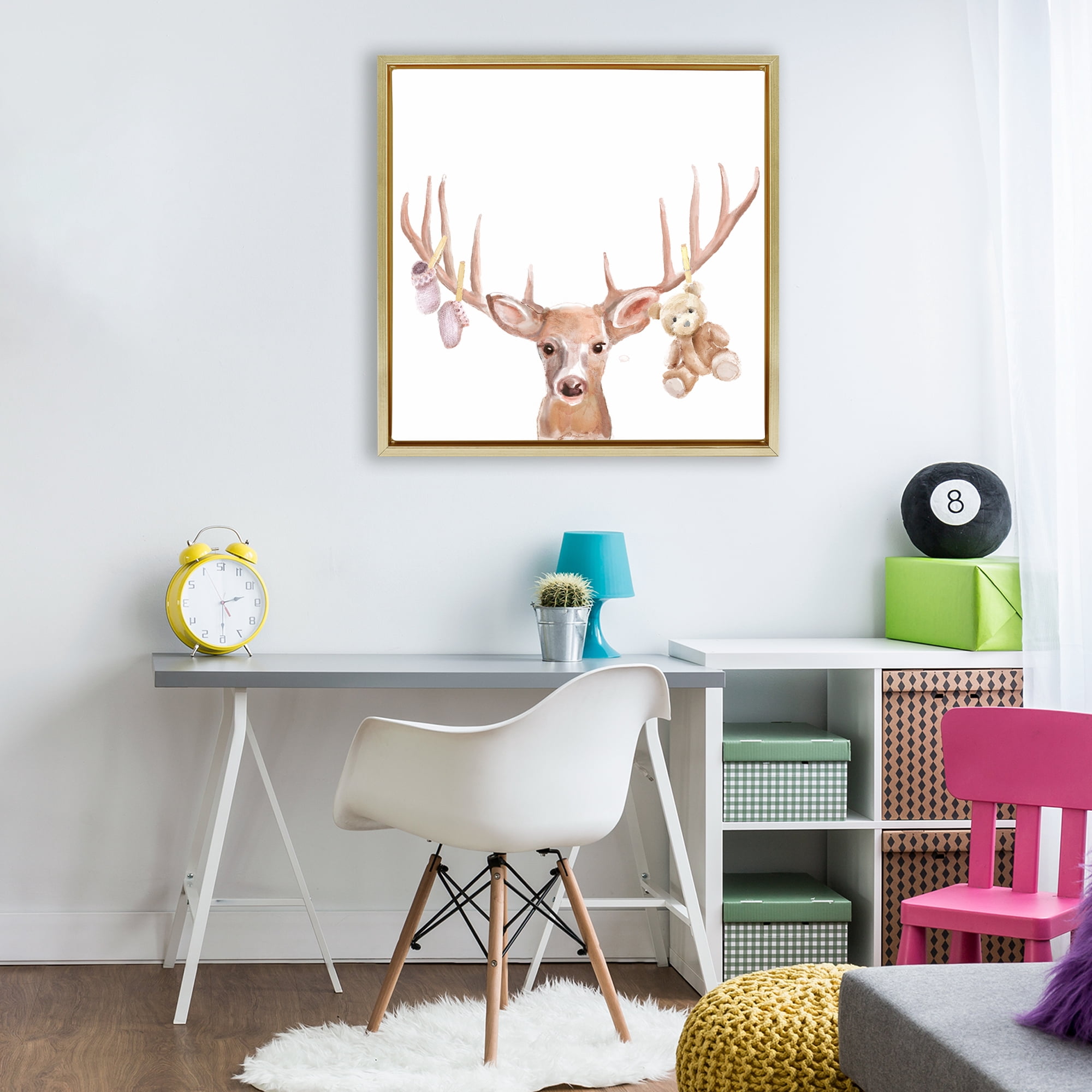 Stupell Industries Baby Girl Deer Antlers Gold Framed Floater Canvas Wall Art, design by Ali Lynne