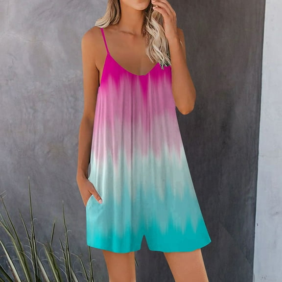 Loose Romper for Women Summer Casual Spaghetti Strap Tie Dye Short Jumpsuit with Pocket Wide Leg Oneise Fashion Outfits, Green, S