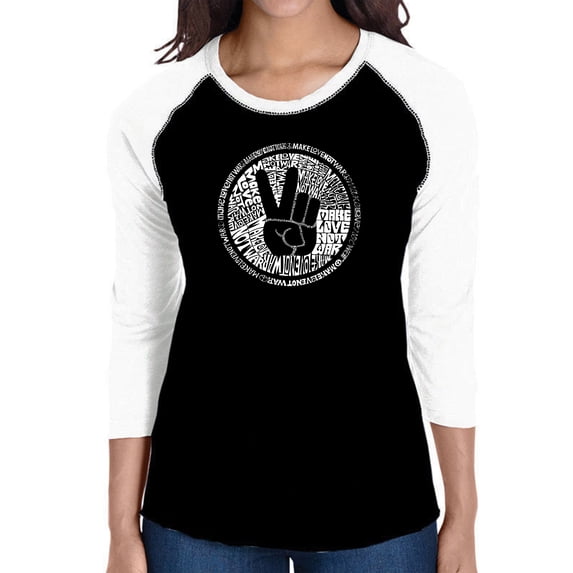 LA Pop Art Women's Raglan Baseball Word Art T-shirt - MAKE LOVE NOT WAR