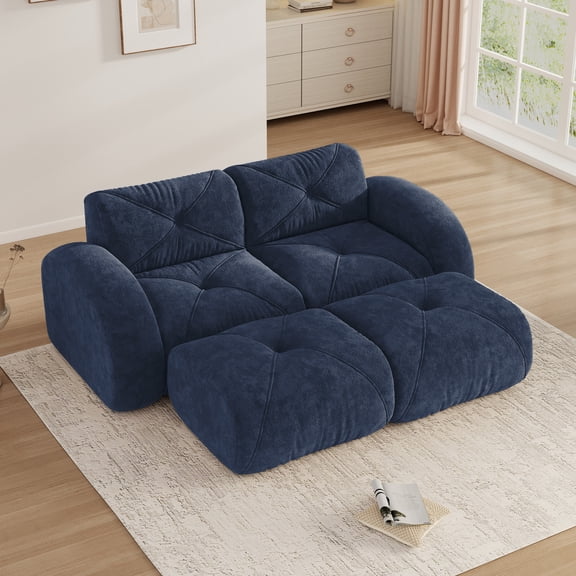 Aukfa 80" Velvet Modular Sectional Sofa, 4-Piece Boneless Living Room Couch with 2 Ottomans, Blue