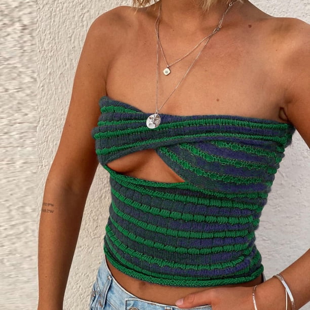 ICHUANYI Clearance Women's Stripe Breast Wrap Sexy Sleeveless Beautiful Back Knitting Vest Hollow Out Tube Tops(Green, S) Ichuanyi Ichuanyi