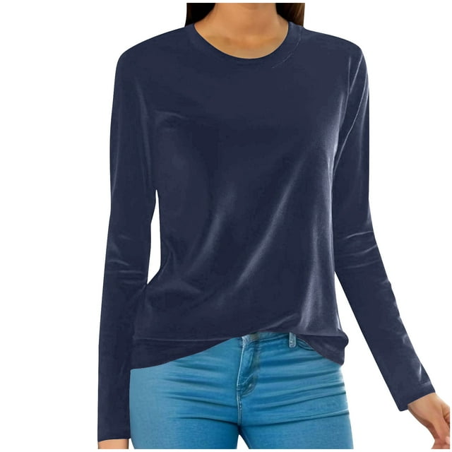 Lenpel Hauts en Velours pour Femmes Grande Taille Habillés Décontractés Col Rond Manches Longues T-Shirts en Velours Tuniques Amples Blouses (Bleu Foncé, 3TG)