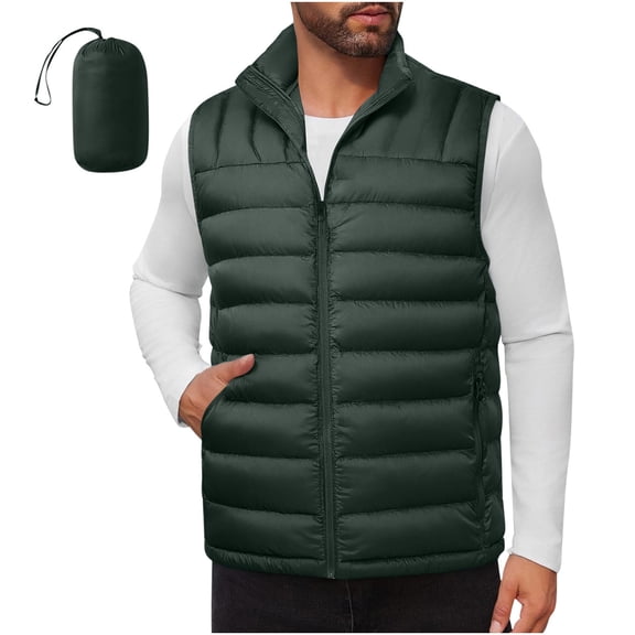 QSAWXQZ Men's Packable Puffer Vest Lightweight Sleeveless Windproof Zip Up Cardigan Quilted Down Tank with Pockets Olive Green M