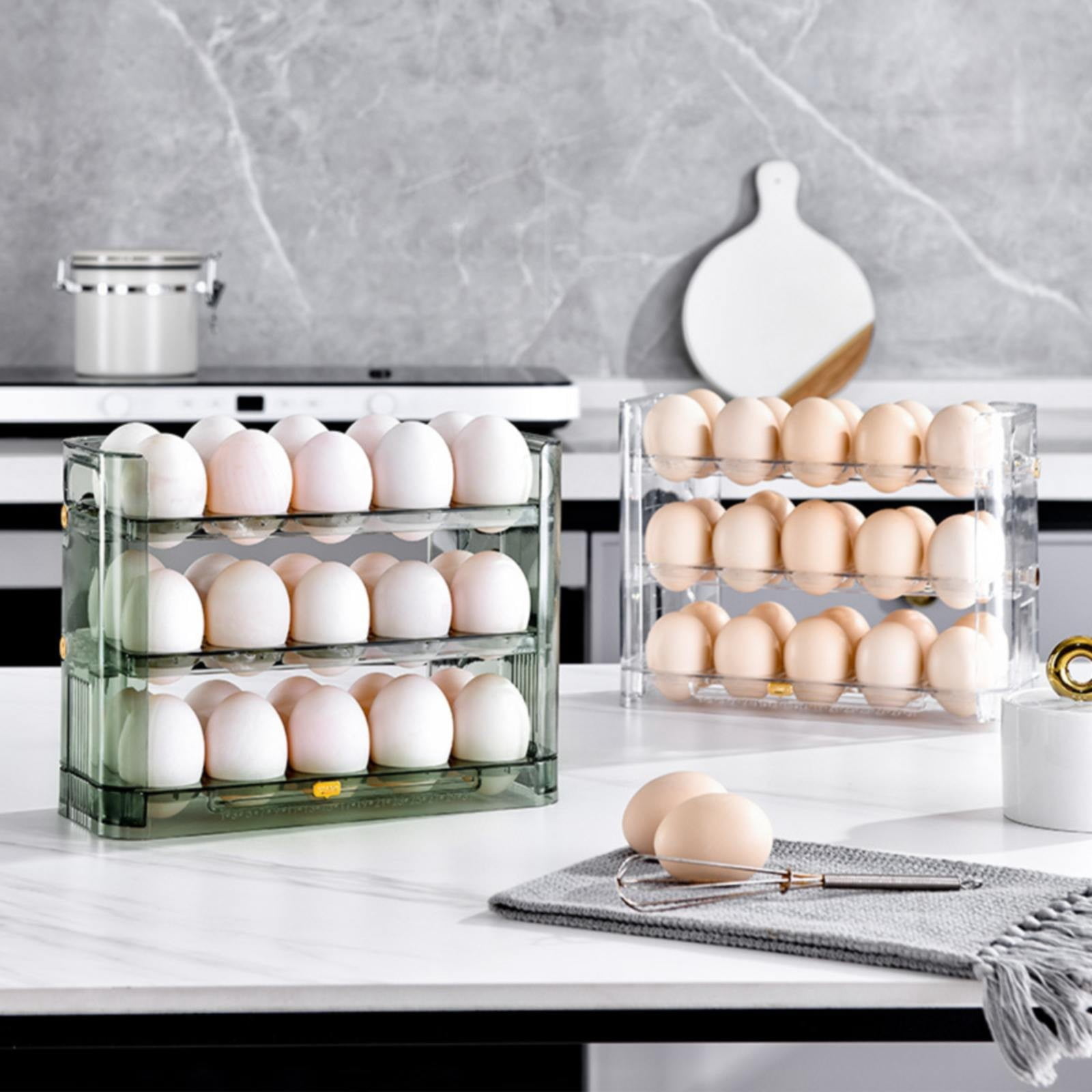 XKHAZA Flippable Egg Holder for Refrigerator, 3 Layer Egg Storage Container for Refrigerator Side Door Auto Flip Tray Egg Storage Container, Saving Eggs Dispenser for Countertop