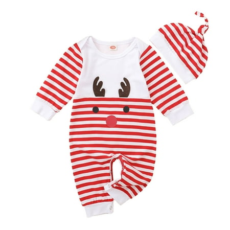 

Baby Girls Boy Christmas Cartoon Deer Striped Romper Jumpsuit+Hat Outfits For 12-18 Months