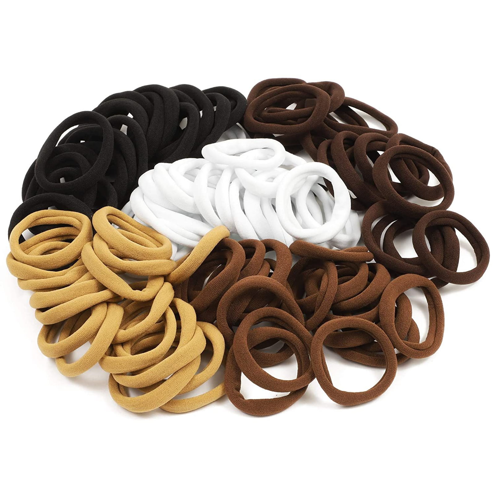 100-Pack Seamless Cotton Hair Ties, Bulk High Elastic Hair Bands, No Crease  No Metal Ponytail Holder Accessories for Women Girls, 5 Colors in Brown  White Black 