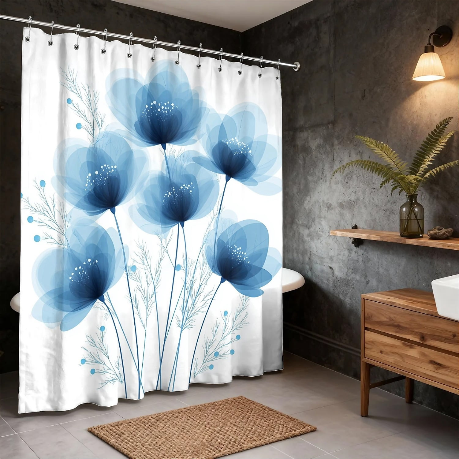 ARTSLION Shower Curtain Navy Blue Geometric Water Repellent Shower Curtain Set, With Hooks，Machine Washable, Modern Decorative Polyester Cloth Shower Curtains For Bathroom,72X84,Azure Bloom