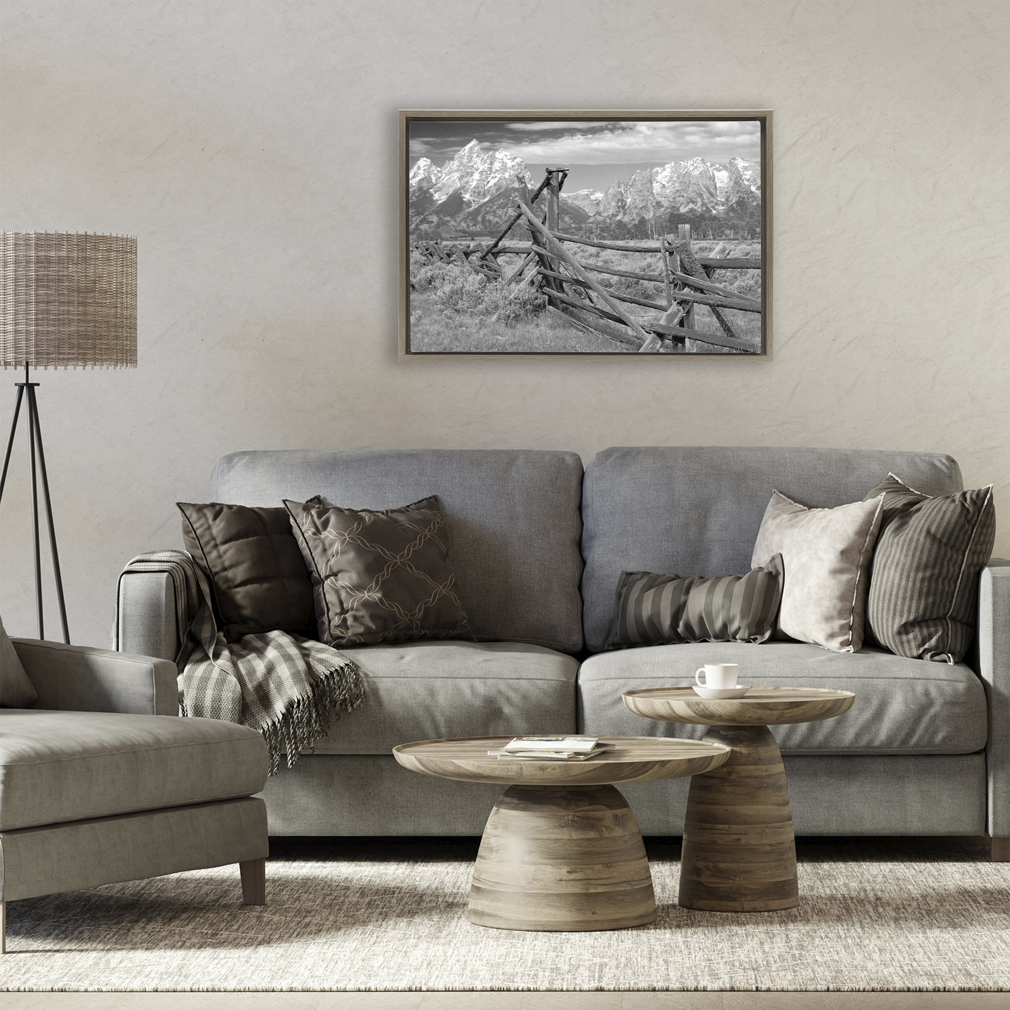 Grand Tetons Mountains & Fence Brown Framed Floater Canvas Wall Art, design by MJ Photography