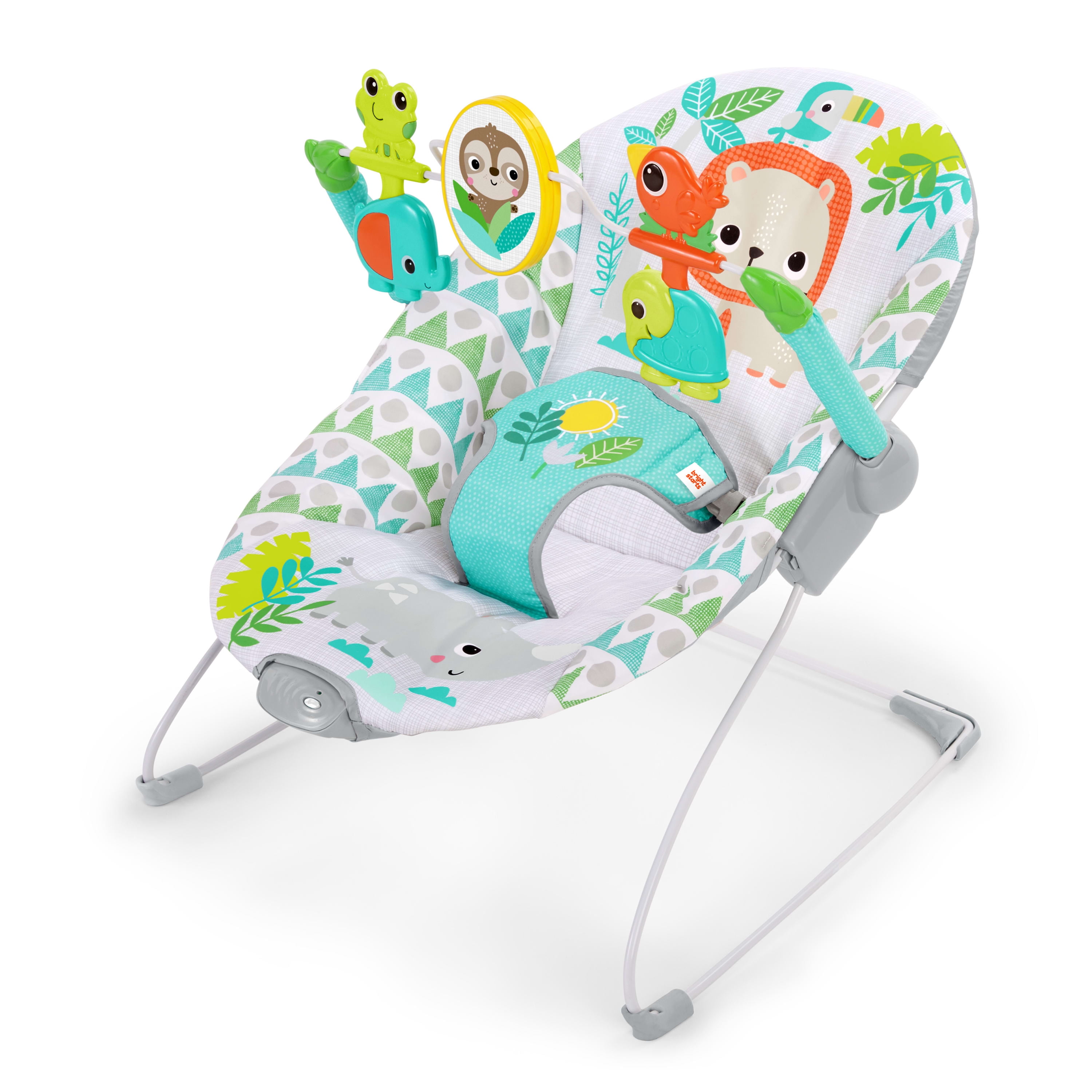 Bright Starts Spinnin’ Safari Vibrating Baby Bouncer Seat with Toy Bar, For Infants Ages 0-6 Months (Unisex)