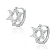 925 Sterling Silver White Clear CZ Jewish Star of David Hoop Huggie Earrings