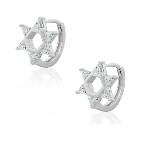 925 Sterling Silver White Clear CZ Jewish Star of David Hoop Huggie Earrings