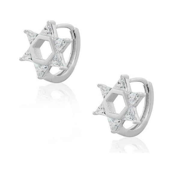 925 Sterling Silver White Clear CZ Jewish Star of David Hoop Huggie Earrings