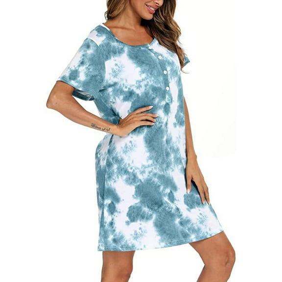 AOOCHASLIY Miss Dress Fall Clothes Women Spring/Summer Casual Short Sleeve Dress Loose Fitting Tie-dye Printed Button Up Nightgown Home Wear Dress