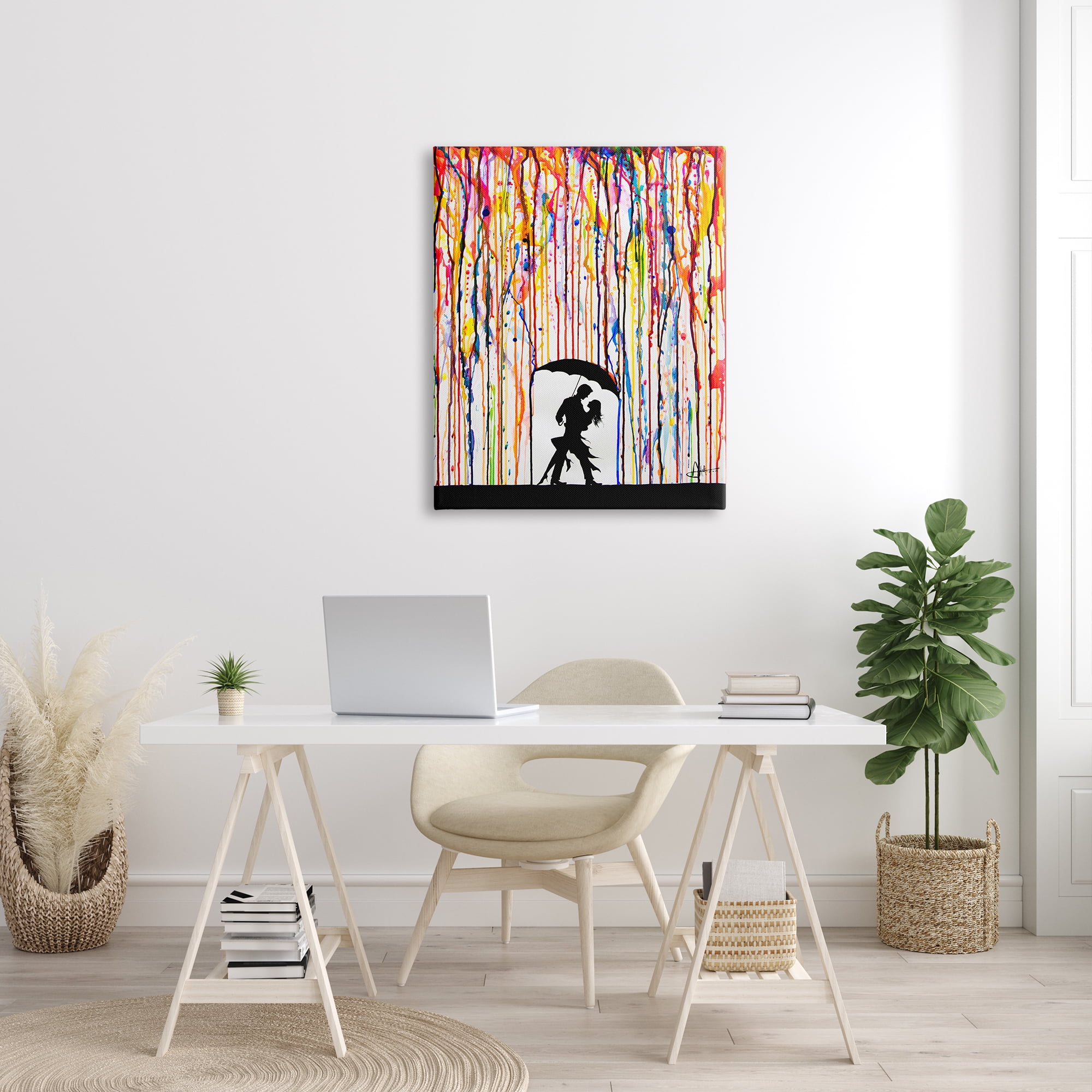 The Stupell Home Decor Collection Melting Colors Rainbow Rain Drops Umbrella Dancing Silhouette Stretched Canvas Wall Art, 30 x 40