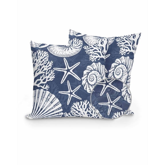 Outdoor Pillows Waterproof, Navy Blue Starfish Coastal Throw Pillows with Inserts Included, Summer Coral Shell Beach Nautical Indoor Outdoor Decorative Lumbar Pillow for Bed/Couch/Patio 16"x16", 2Pcs