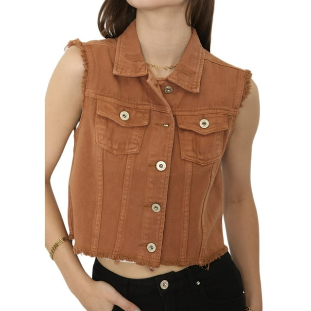 Womens Distressed Denim Button Up Sleeveless Crop Vest, Brown, Small