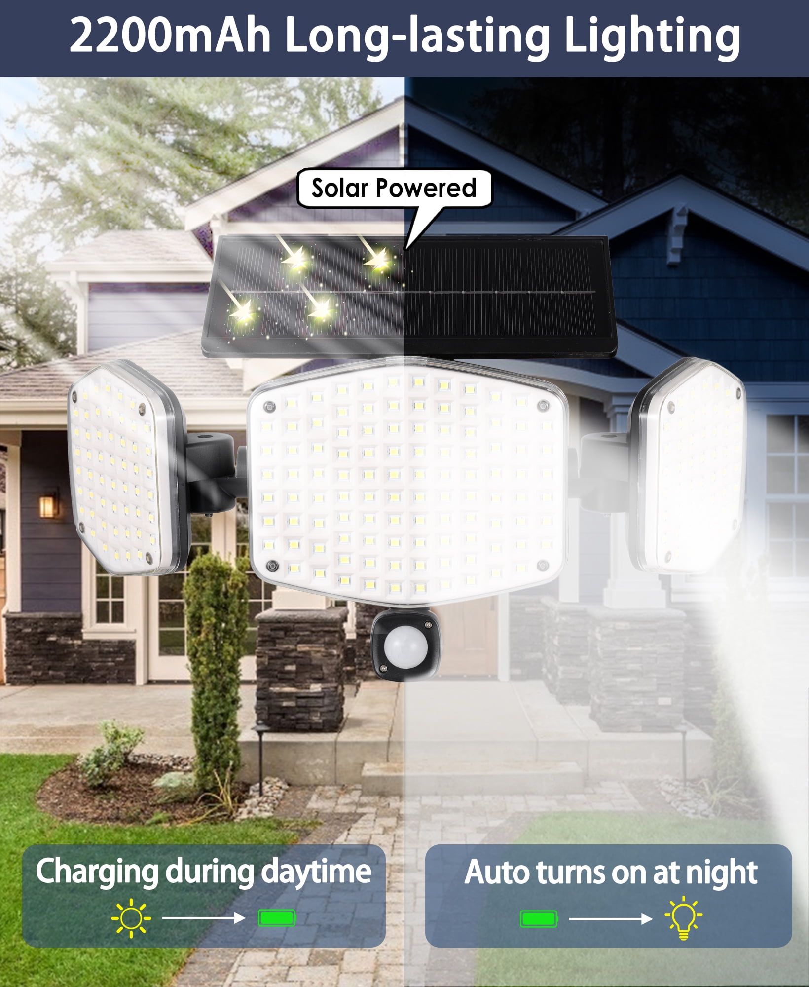 HAARAY Solar Motion Sensor Outdoor Lights 2500LM with Ground Stake, 3-Head Adjustable 208 LED Solar Wall Security Flood Light 270° Beam Angle for Outside Porch Yard Garage, IP65 Waterproof, 1 Pack