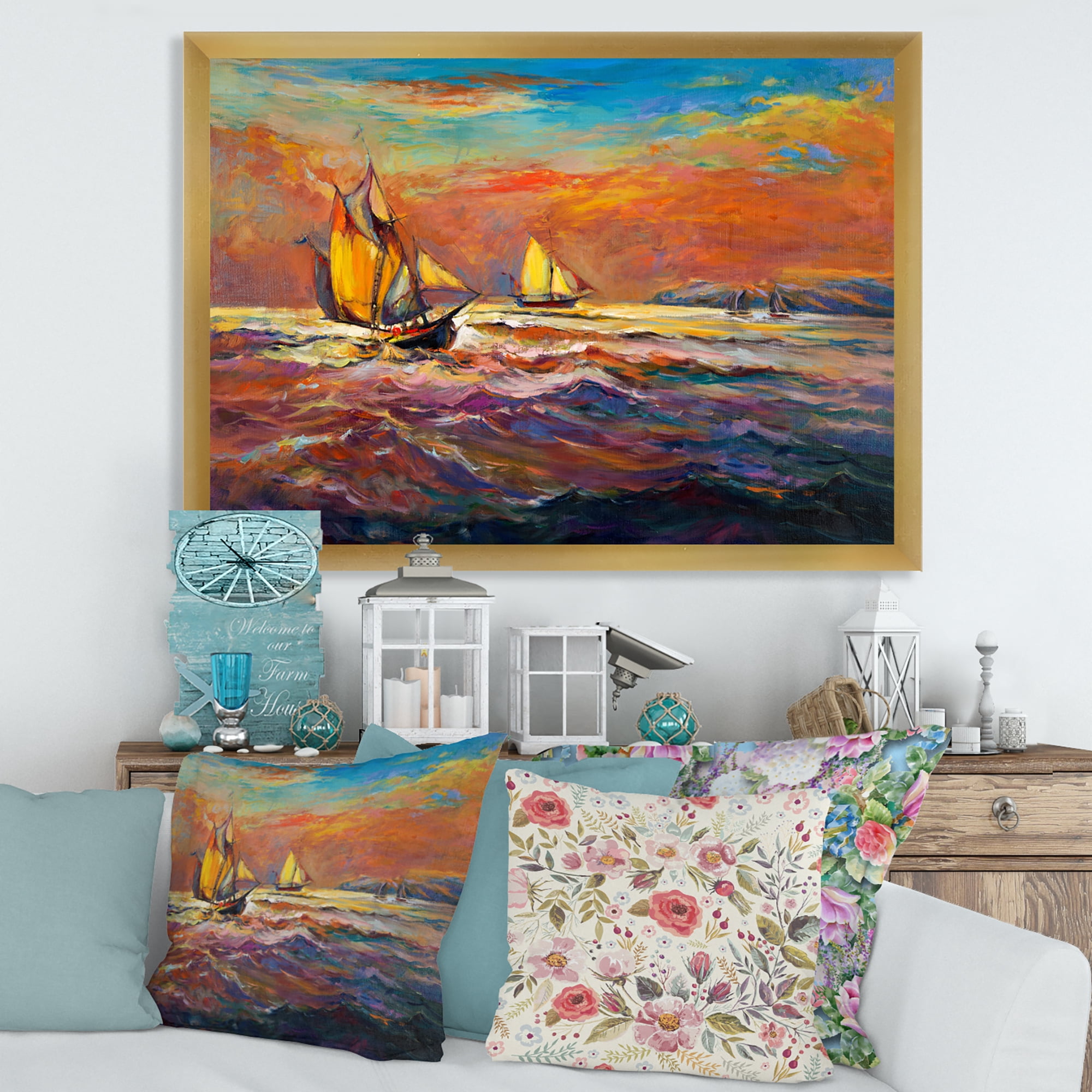 Sail ships On The Ocean Waves During Orange Evening Glow 32 in x 24 in Framed Painting Canvas Art Print, by Designart