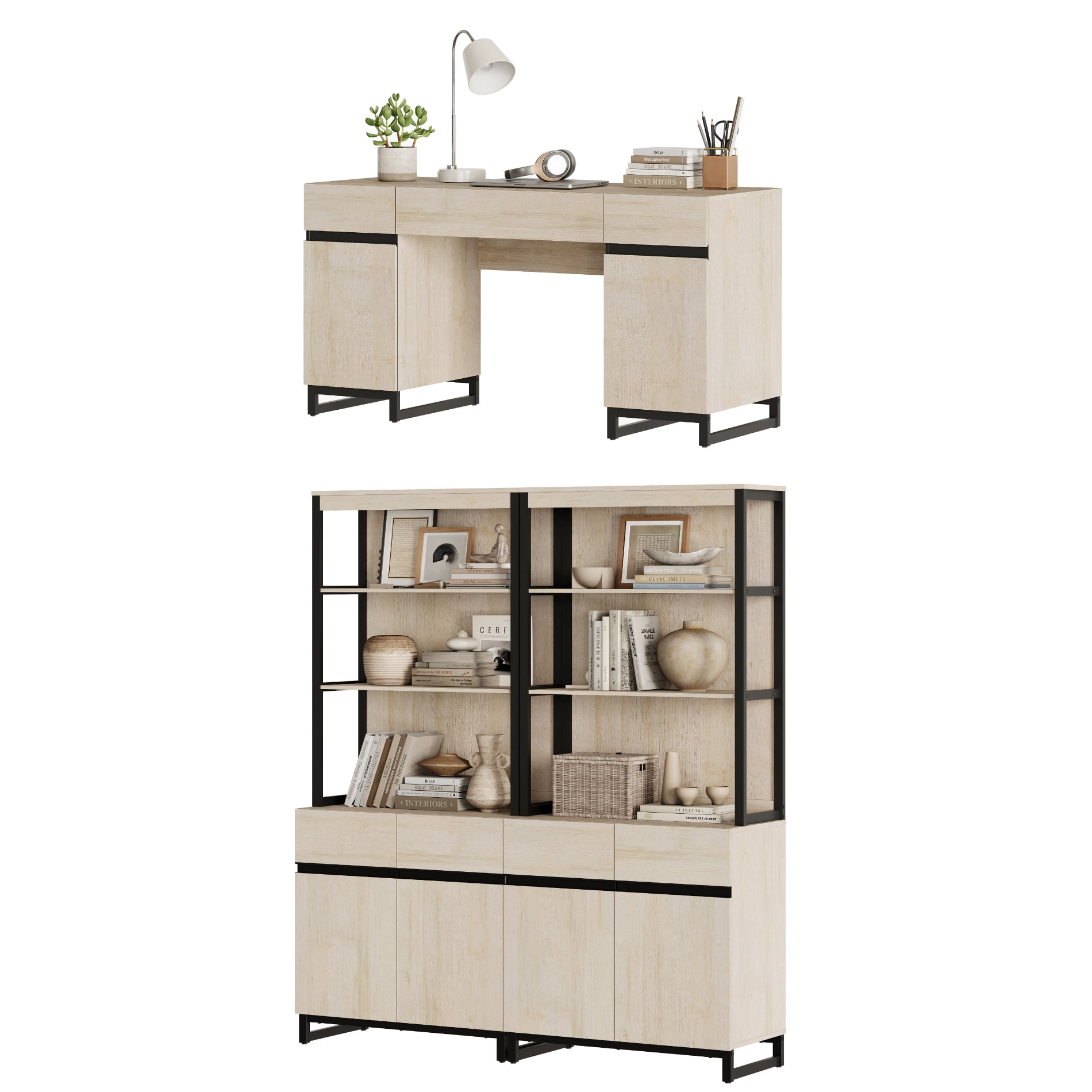 WAMPAT Home Office Set: 59" Modern Desk with Charging Station and Storage Cabinet, 72" Tall Bookcases with Adjustable Shelves, Wood Computer Desk and Library Storage Cabinet for Work Study, Beige