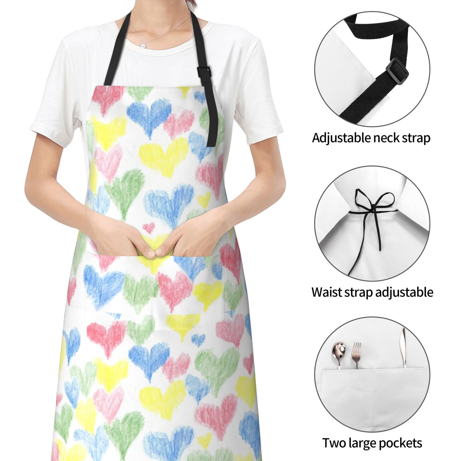 Kdxio Hand Drawn Colored Hearts Apron with Pockets Adjustable Kitchen Aprons for Men Women Waterproof Aprons for Cooking,Drawing,Crafting, Baking Household Cleaning