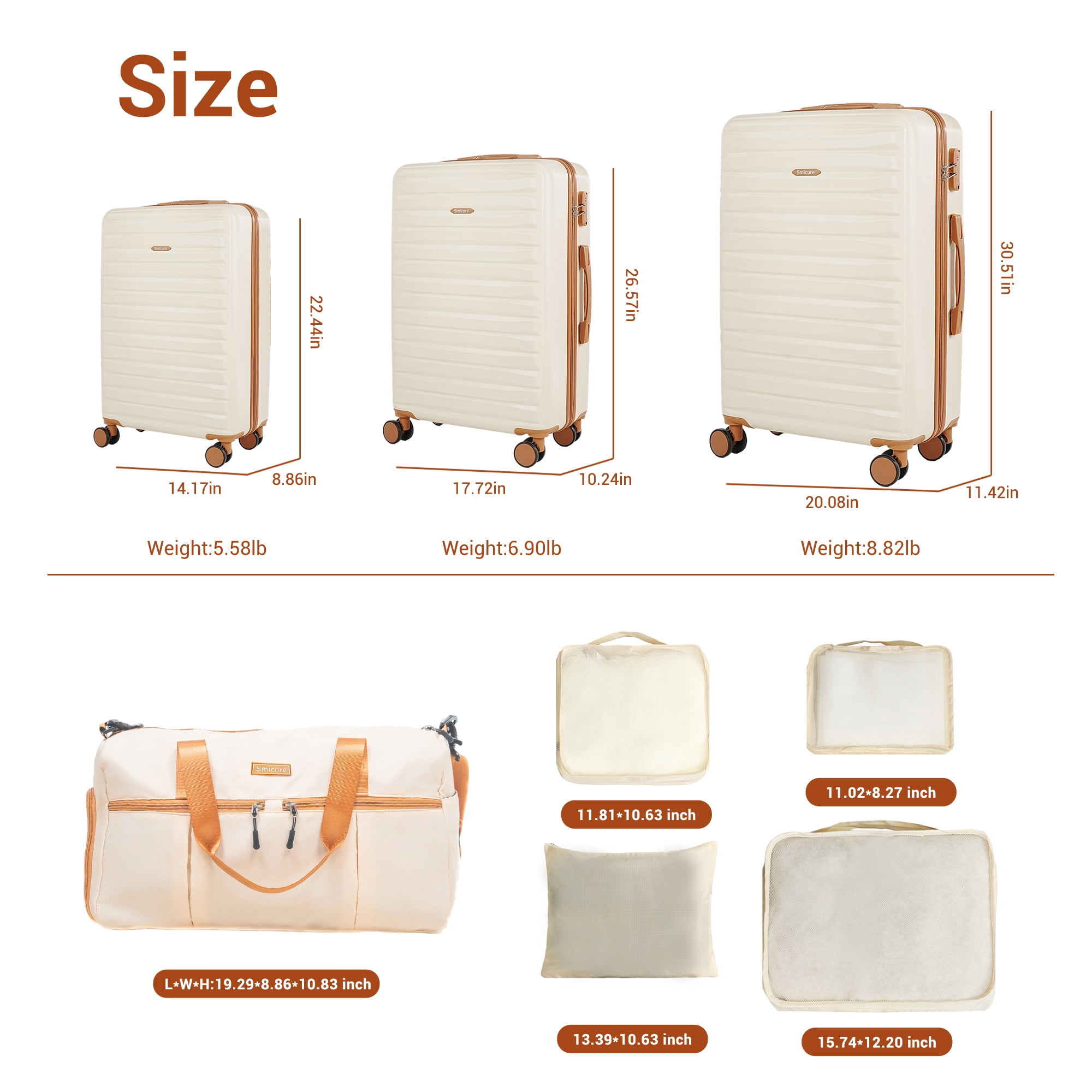 Hardside Luggage Sets 3 Piece, Hardshell Suitcase TSA Lock Spinner Wheel with Travel Duffle Bag and 4 Packing Cube.Beige