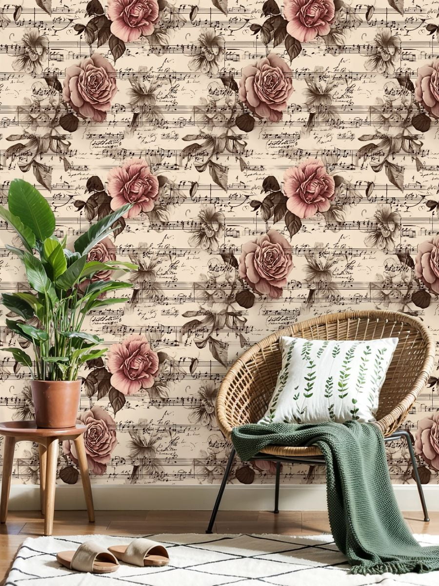 Peel and Stick Wallpaper Roses Floral Vintage Sheet Music Sepia Tones Wall Mural 23.6in x 9.8ft Self Adhesive Removable Wall Paper Renter Friendly Wallpaper for Nursery Bedroom Cabinets