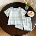 thumbnail image 4 of Glisme Girls Outfit Set Striped Print Short Sleeve Crew Neck Tops With Shorts Outfit Cozy Soft Girls Set Size 8-10 Years Light Blue, 4 of 4