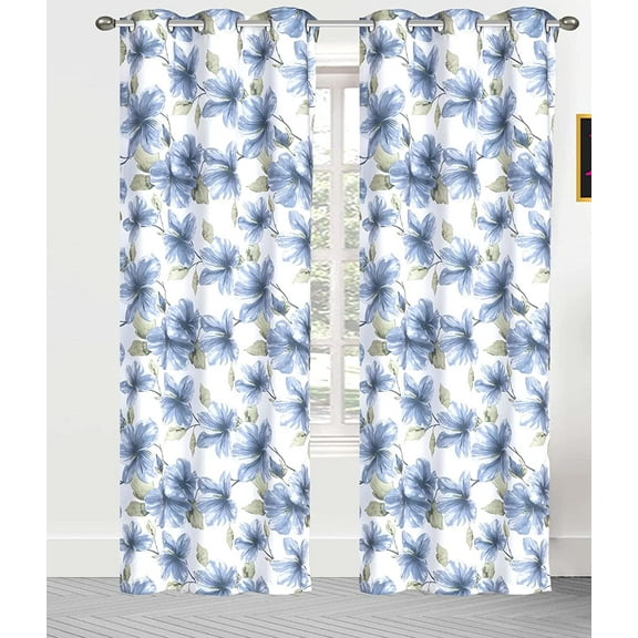 Serafina Home Botanical Blue Floral Blackout Curtains 84 Inches Long: Room Darkening Light Blocking Noise Cancelling Blocking Polyester with Grommets for Living Room, Bedroom, Dining Room,
