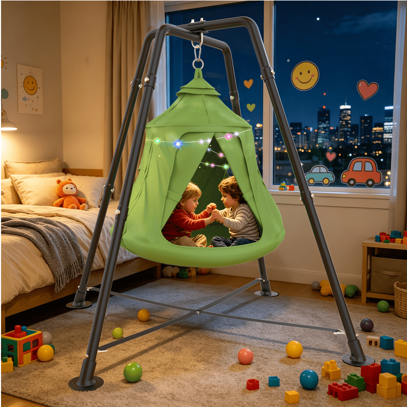 Yacona X-Shaped Swing Set, Sensory Swing with Stand, 330lbs Swing Stand Frame with Play Tent, Hammock Chair for Kids and Adults, Green