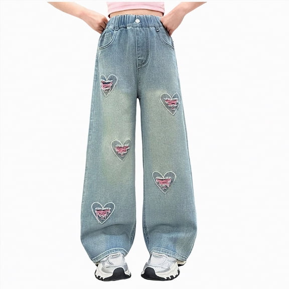 TOWED22 Girls Denim Pants Straight Leg Relaxed Fit Jeans with Pockets Casual Everyday Tween Clothes Blue,5-6 Y
