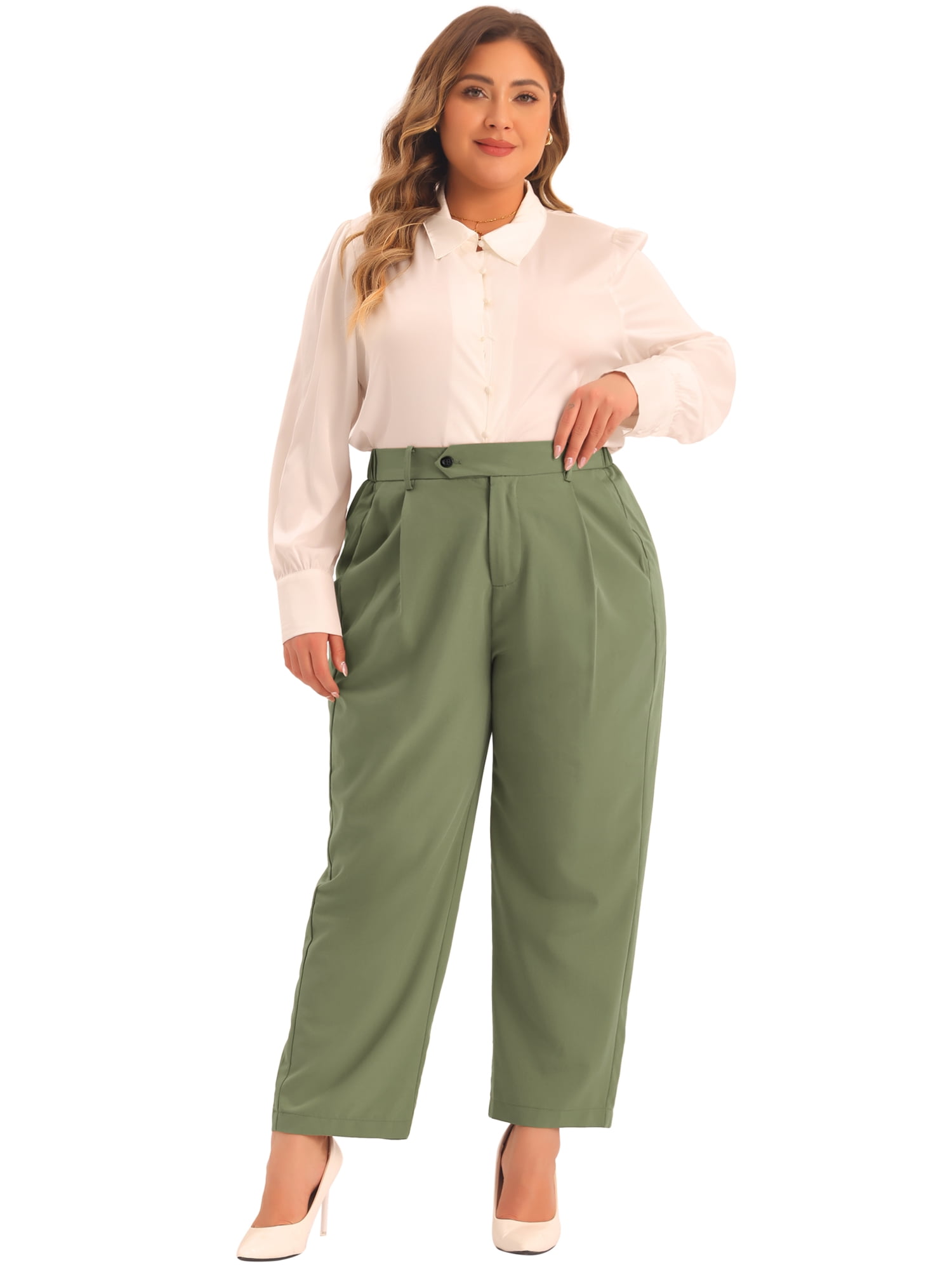 DARING DIVA Women's Plus Elastic High Waisted Long Straight Pants 3X Army Green