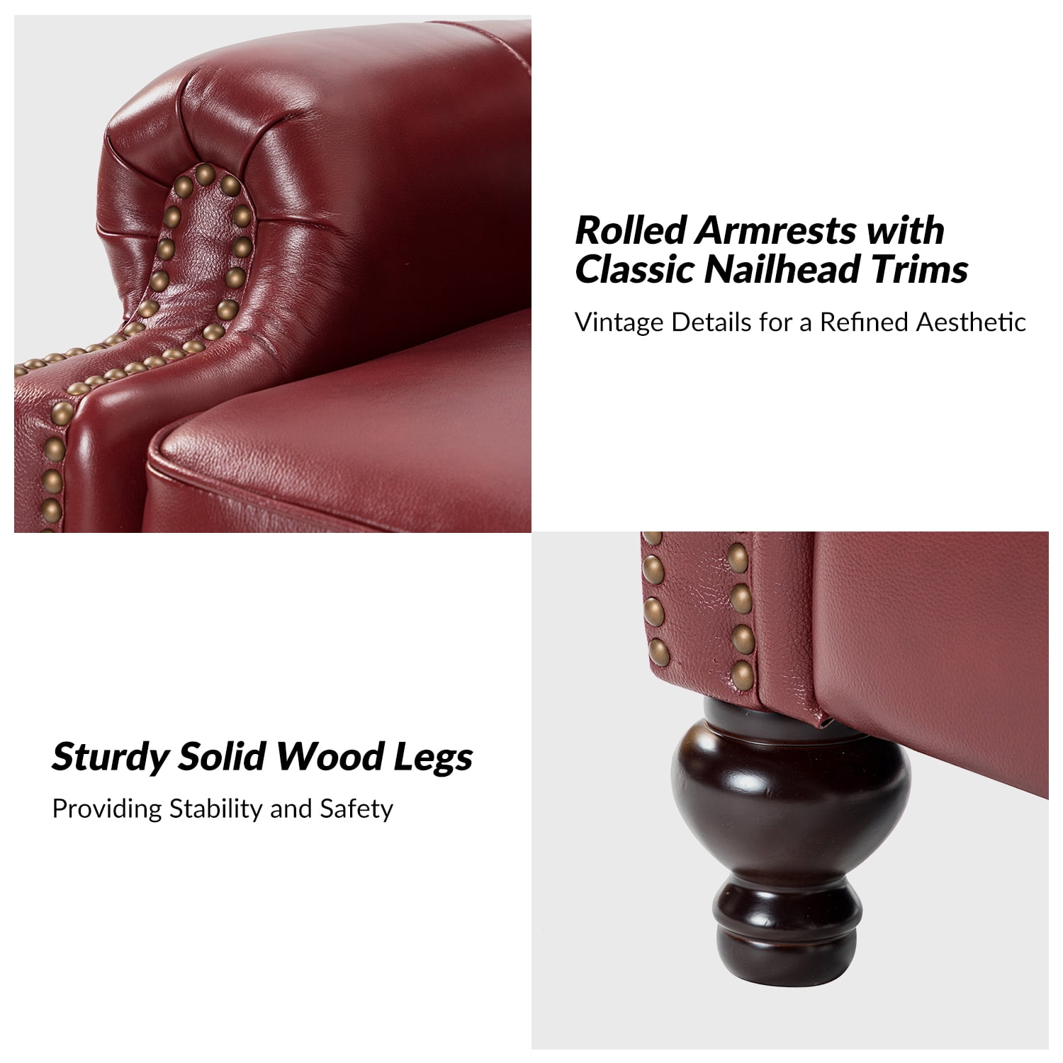 Mid-century Genuine Leather Pushback Recliner Chair with Nailhead Trim Set of 2 Burgundy