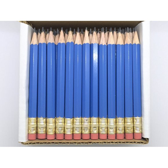 Demi-Crayons avec Effaceur - Golf, Classe, Banc, Court, Mini, Non Toxique - Hexagone, Aiguisé, 2 Crayon, Couleur - Bleu, Boîte de 72 (Moitié Grossière) Crayons de Poche de Golf Bleus TM