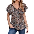 thumbnail image 3 of Chiffon Top, V Neck Chiffon Top Polyester Printed Ruffle Sleeve  For Dating Flower With Black Background L, 3 of 6
