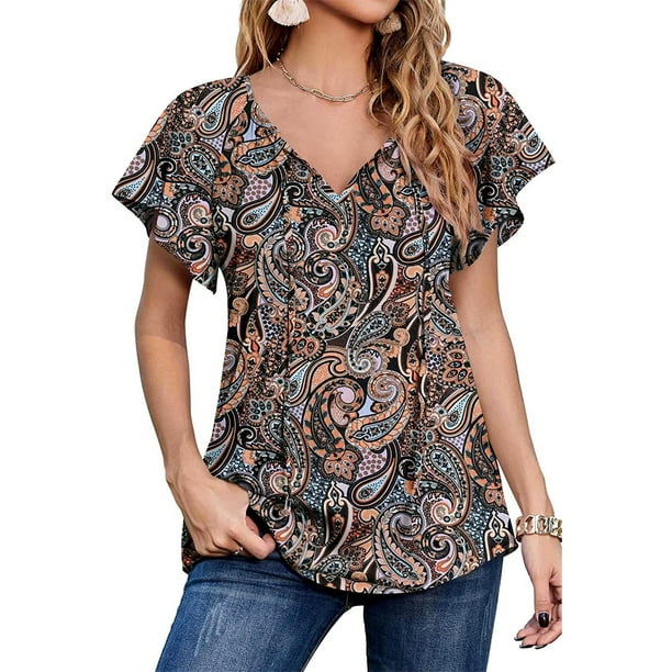 Top De Gasa Estampado Blusa Manga Corta Estampada Blusa Boho Manga Corta Verano Casual Cuello V Top Gasa Mujer Blusa Manga Corta Mujer Casual Chiffon Top Estampado Escote V Corto ANGGREK Flor con Fondo Negro L