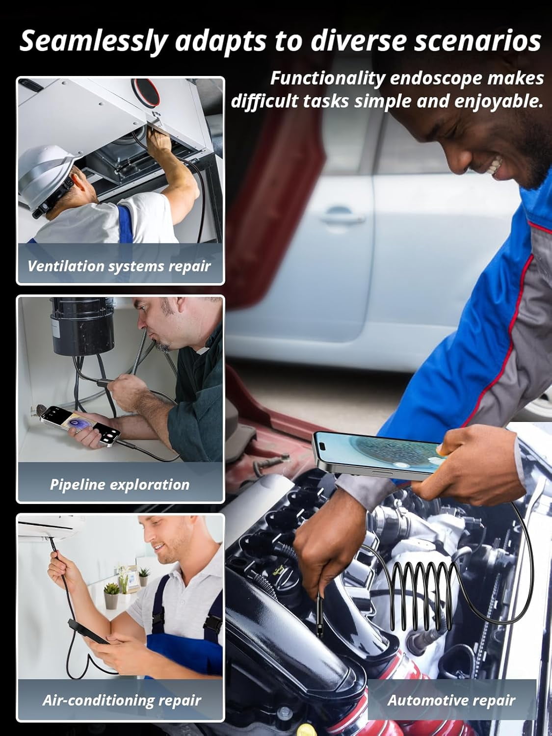 Endoscope Camera with Light, Dual-Lens 1920P HD Borescope with 8 Adjustable LED Lights, IP67 Waterproof Boroscope Inspection Camera Tools, 9.8ft Semi-Rigid Snake Camera for iOS & Android