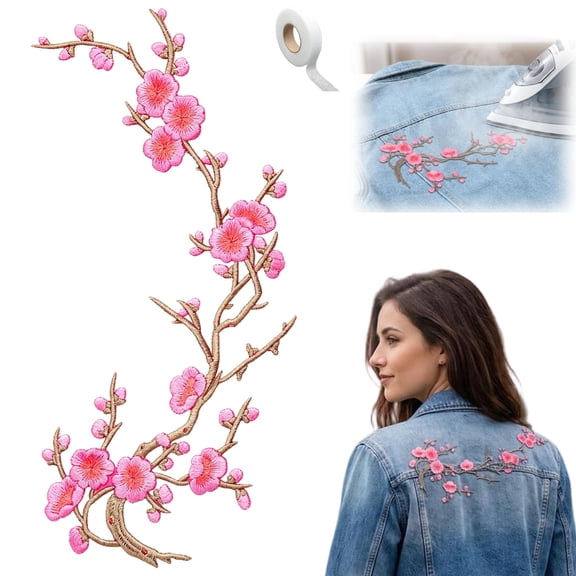Cherry Blossom Iron Patch, Embroidered Floral Vine Appliques, Iron on or Sew on Patches for Wedding Dress Decoration, Clothing Repair, and DIY Crafts