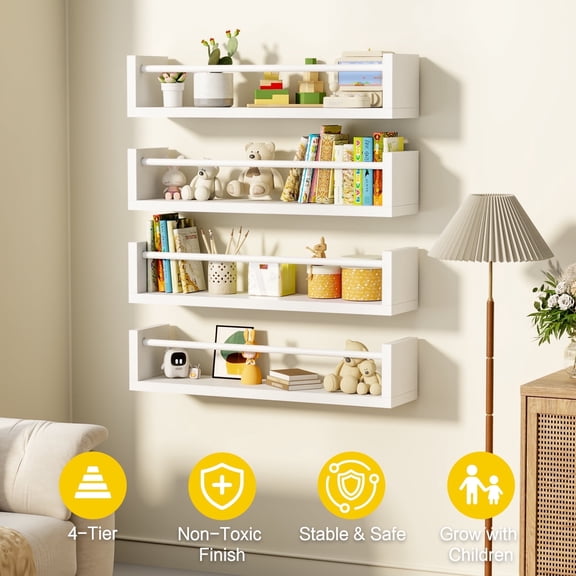 VUSIGN 4-Tier Wall Kids Bookshelf, 16.5” Floating Nursery Book Shelves for Kids Room Toddler Bedroom Furniture Toy Storage