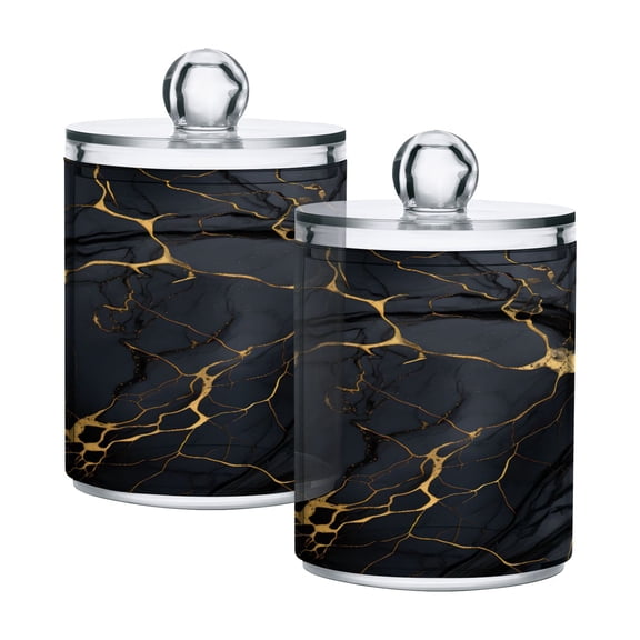 2 Pack Qtip Holder Dispenser Glossy Black Gold Marble Clear Plastic Storage Apothecary Jars for Cotton Swabs Balls Pads Floss