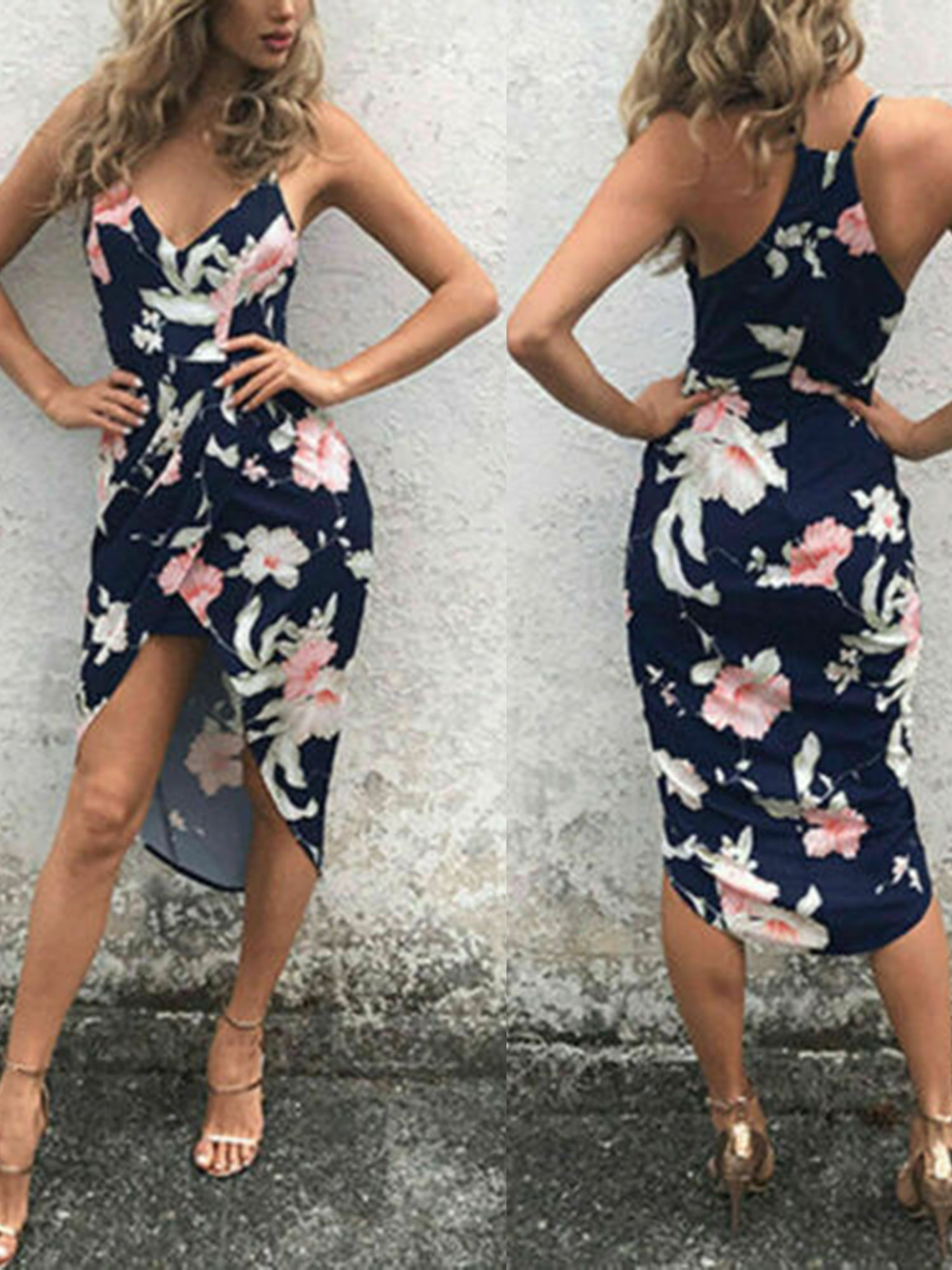 Women Floral Spaghetti Strap Midi Dress V-neck High Waist Slit Backless Bandage A-line Summer Beach Skirt