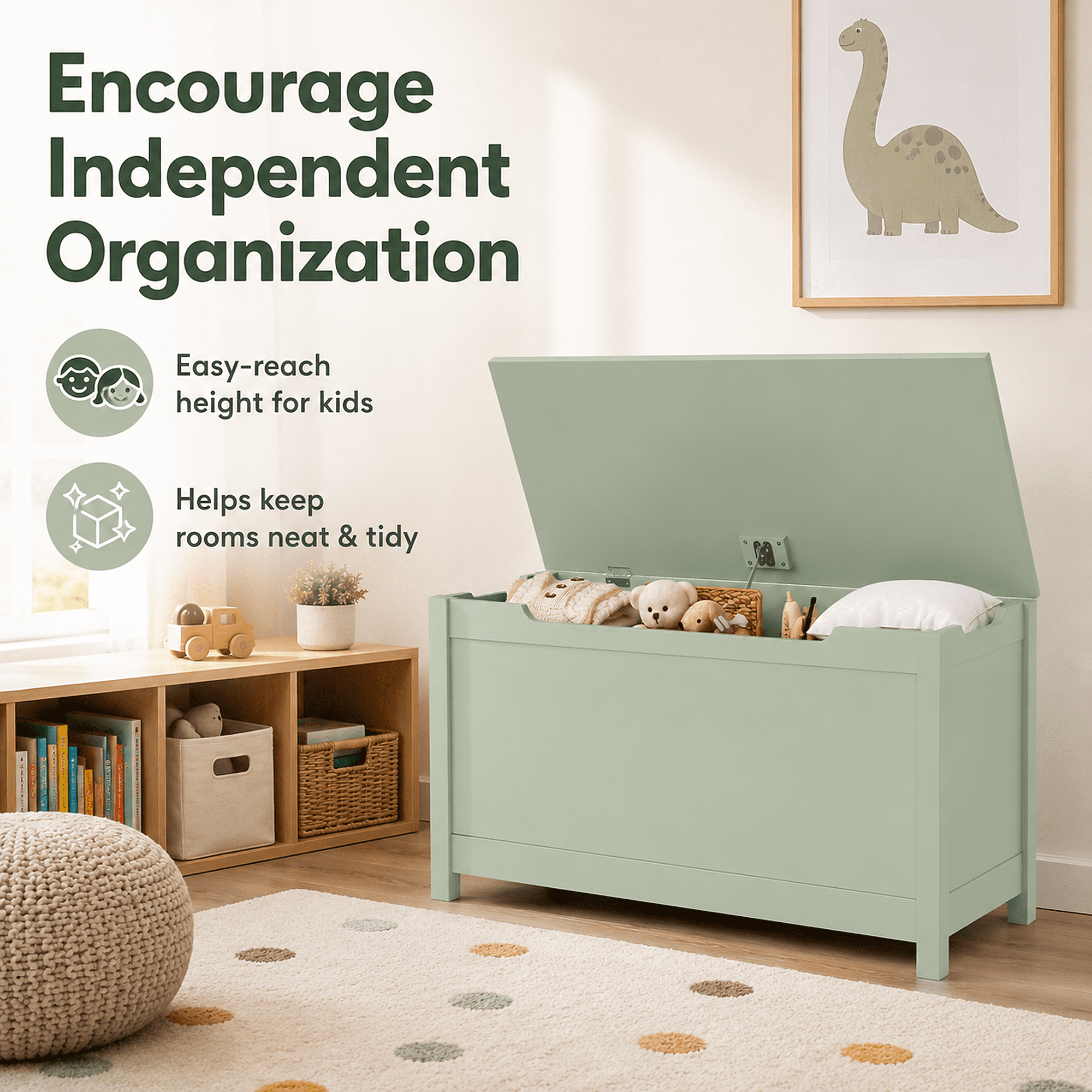 Miniyam Toy Storage Bench with Lid, Kids Toy Box and Storage Chest for Bedroom, Playroom, Nursery, Green